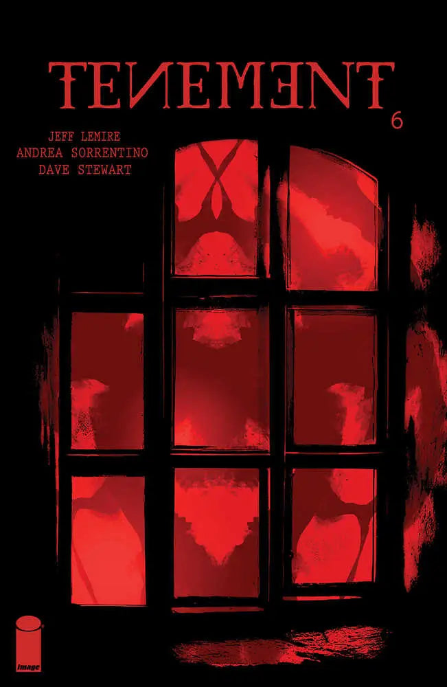 Dark window panes with ominous red glow, reflecting Bone Orchard atmosphere