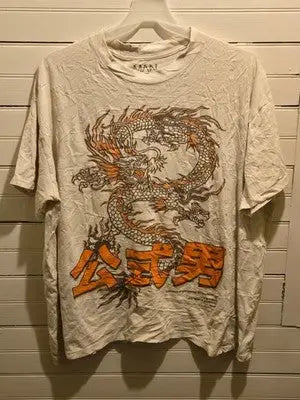 boohooMAN Shirt Mens L White Dragon Graphic Short Sleeve Asian Characters