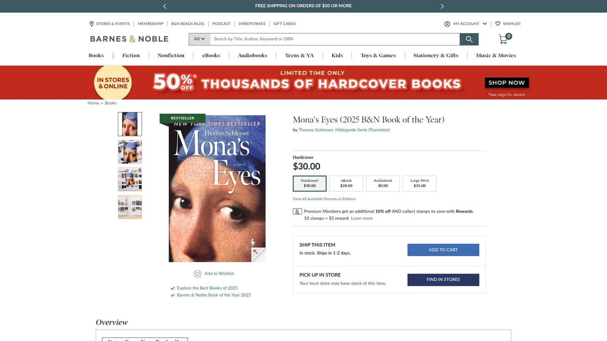 Mona’s Eyes book cover with striking eyes on dark background in baseball cards picks article