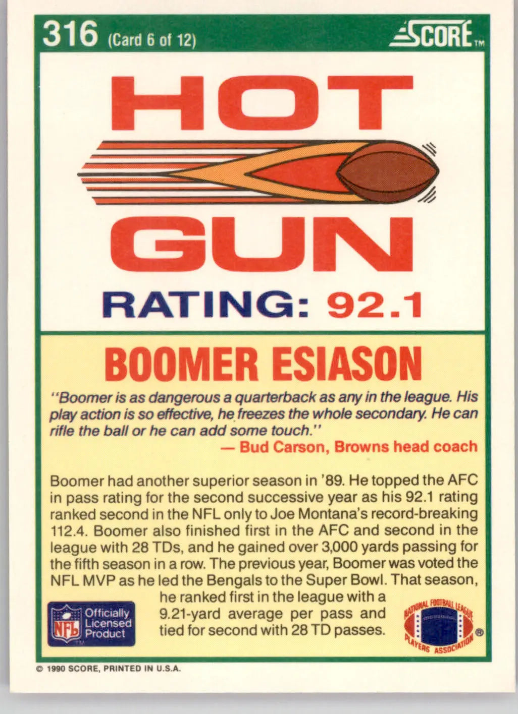 Boomer Esiason - 1990 Score - #316 - Football