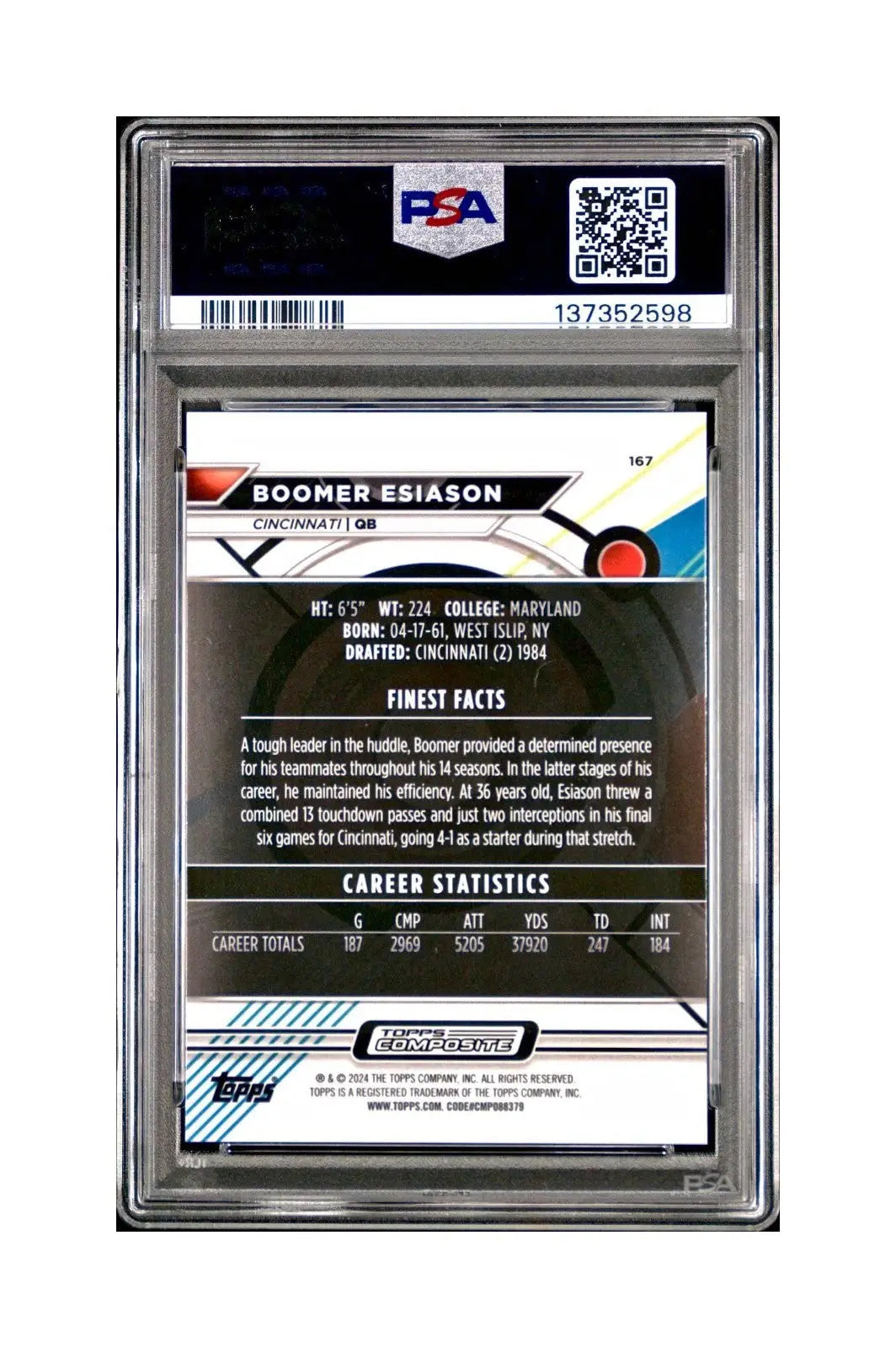 Boomer Esiason 2023 Topps Finest 084/199 #167 Blue Refractor PSA 10 Gem Mint