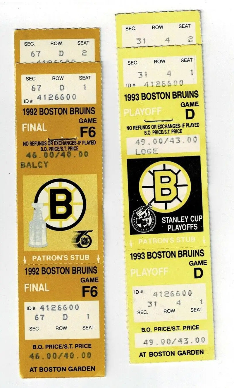 Two vintage Boston Bruins hockey tickets from the 1992 1993 playoffs displayed together