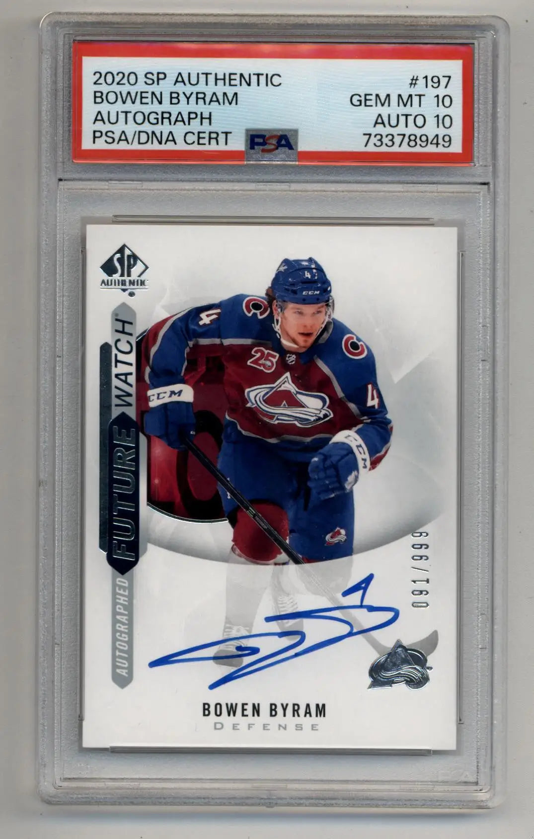 Bowen Byram 2020-21 Sp Authentic #197 Auto 091/999 PSA 10 Gem Mint Auto 10 - Hockey Card Single