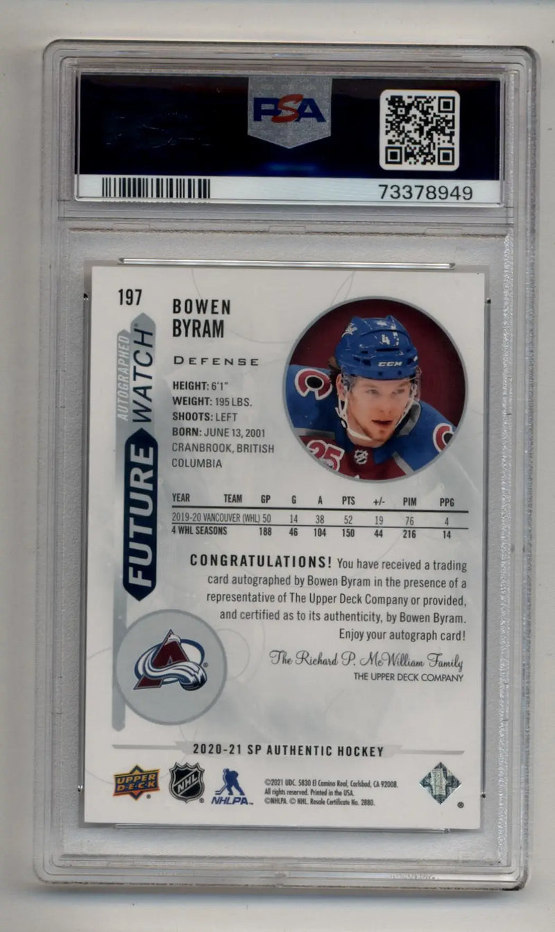 Bowen Byram 2020-21 Sp Authentic #197 Auto 091/999 PSA 10 Gem Mint Auto 10 - Hockey Card Single