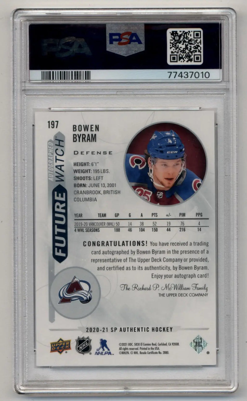 Bowen Byram 2020-21 SP Authentic Auto 201/999 PSA 10 Gem Mint - Hockey Card Single