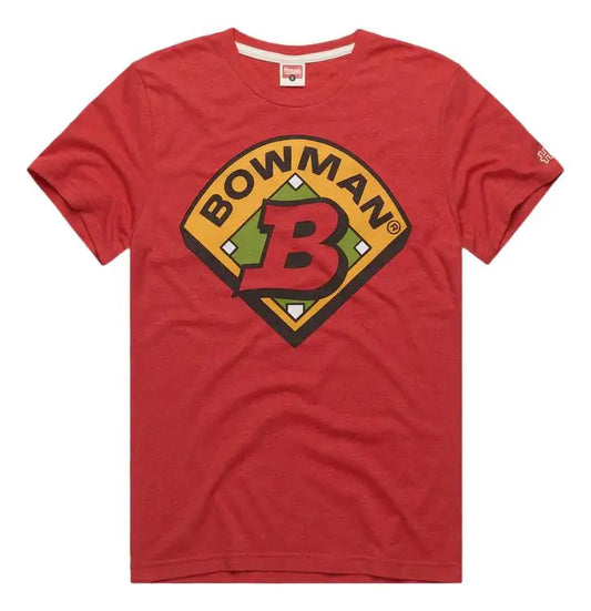 Red t-shirt with Bowman diamond logo, perfect for baseball cards and trading card fans