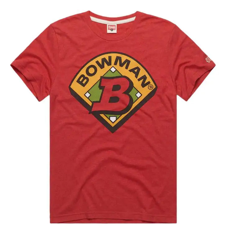 Red t-shirt with Bowman diamond logo, perfect for baseball cards and trading card fans