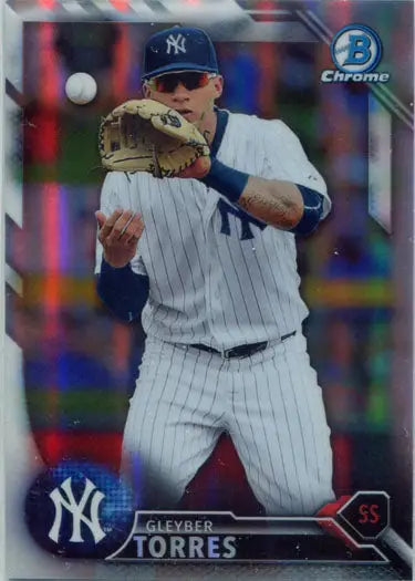 Baseball card of New York Yankees player in catching position, Draft Chrome Refractor