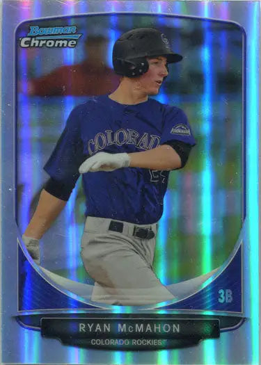 Shiny Bowman Chrome refractor parallel card of Colorado Rockies player Ryan McMahon