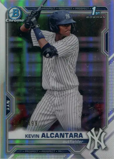 Baseball card of New York Yankees player in batting stance; Bowman Chrome refractor card