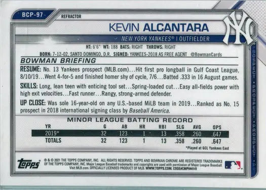 Kevin Alcantara New York Yankees refractor card from Bowman Chrome Baseball 2021