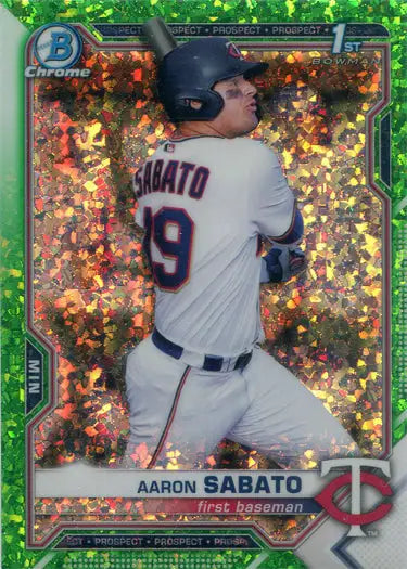 Minnesota Twins baseball card of Aaron Sabato in batting stance, trading cards collection