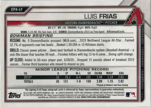 Bowman Chrome Baseball 2021 Chrome Prospect Yellow Auto Card CPA-LF L Frias /75 - Baseball Card Single