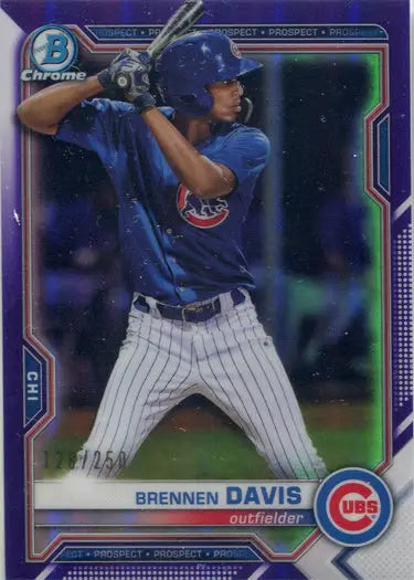Baseball card featuring Chicago Cubs’ Brennen Davis in batting stance with purple border