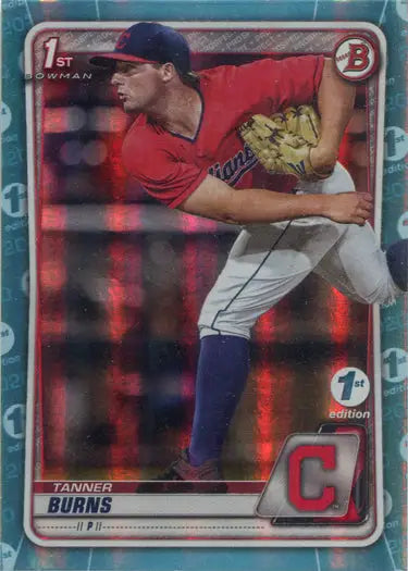 Sky blue foil card of Tanner Burns, pitcher in red jersey mid-throw