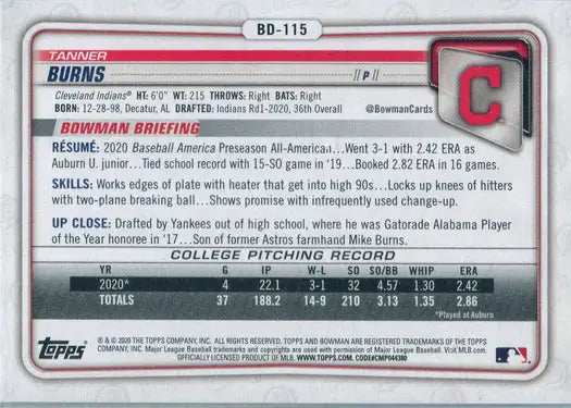 Baseball card featuring Brock Burrows statistics on a Bowman Draft Sky Blue Foil card