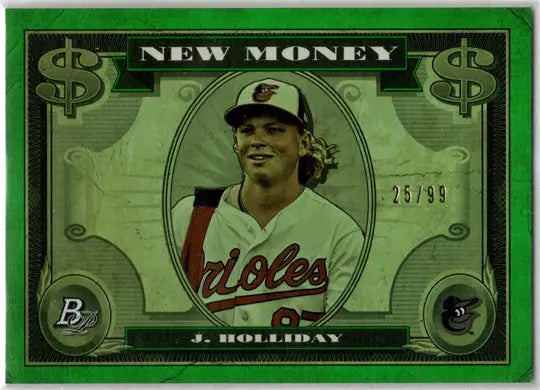 Green foil insert card from Bowman Platinum Baseball 2023 featuring Holliday NM13