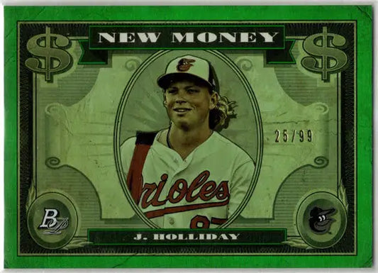 Green foil insert card from Bowman Platinum Baseball 2023 featuring Holliday NM13