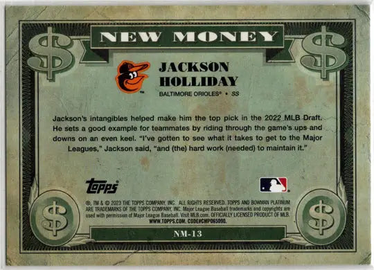 Jackson Holliday baseball card green foil insert from Bowman Platinum 2023 New Money Green Foil Insert Card