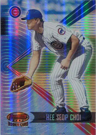 Holographic Hee Seop Choi baseball card showcasing Chicago Cubs pitcher in action