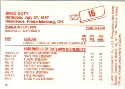 Brad Doty - 1988 World of Outlaws - #15 - Racing - Racing Card Single