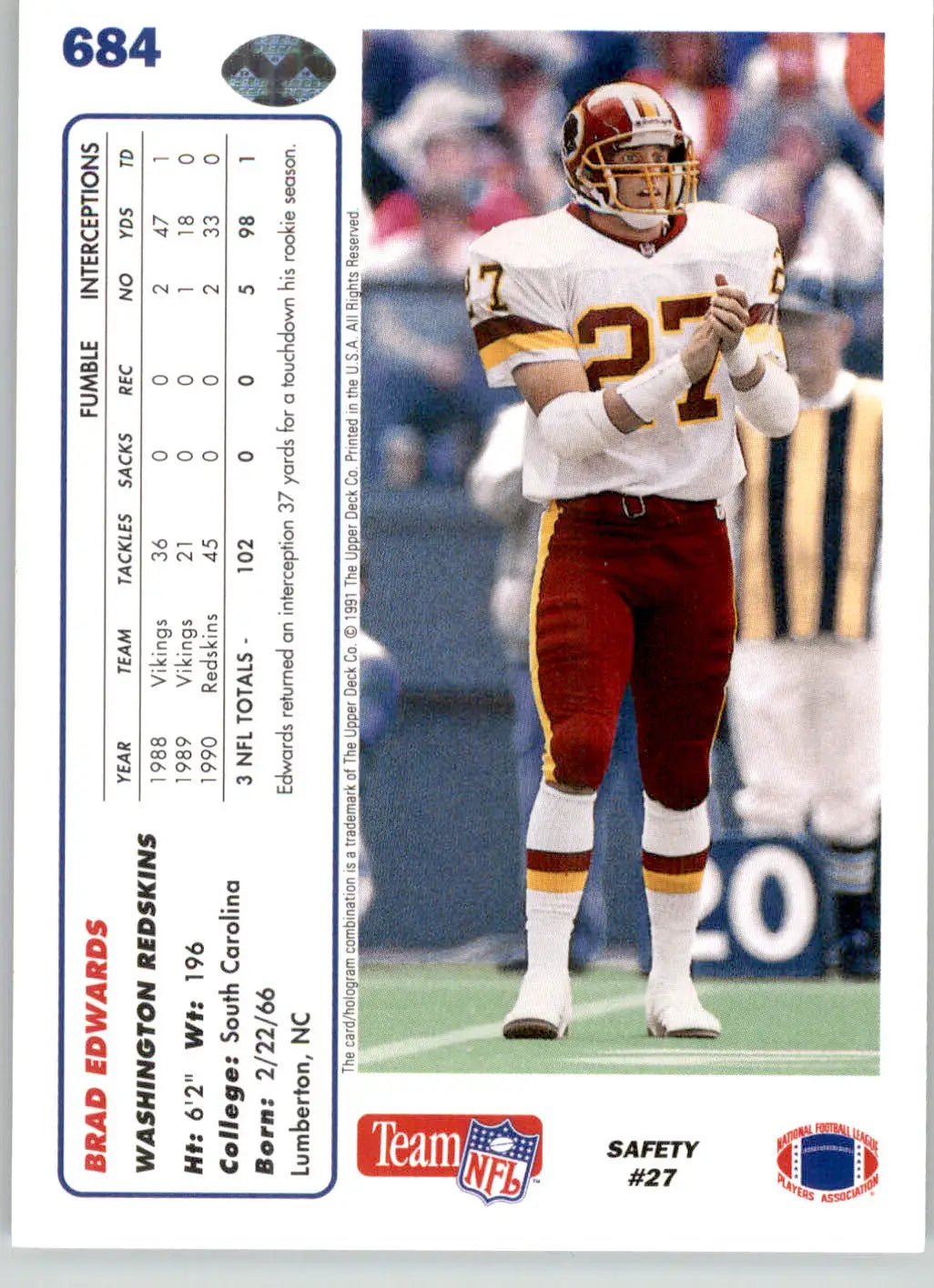 Brad Edwards - 1991 Upper Deck - #684 - RC Football