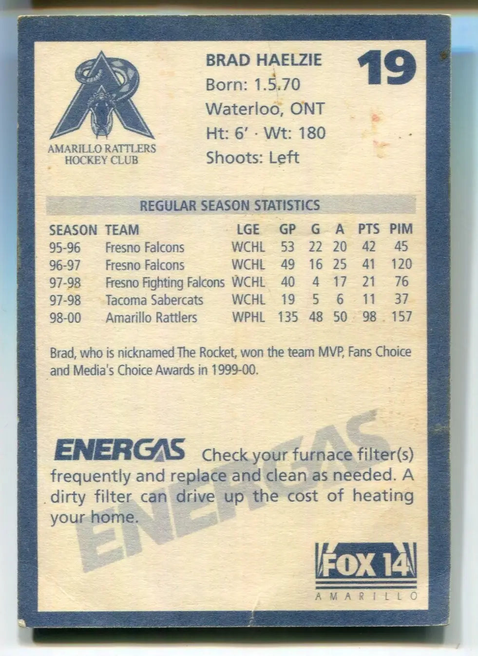 Brad Haelzie 2000-01 Amarillo Rattlers (WPHL) #19 Signed Hockey Card - Hockey Card Single