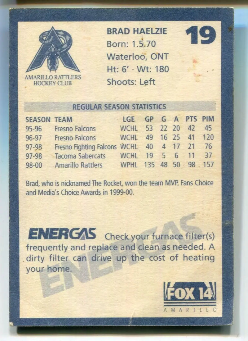 Brad Haelzie 2000-01 Amarillo Rattlers (WPHL) #19 Signed Hockey Card - Hockey Card Single