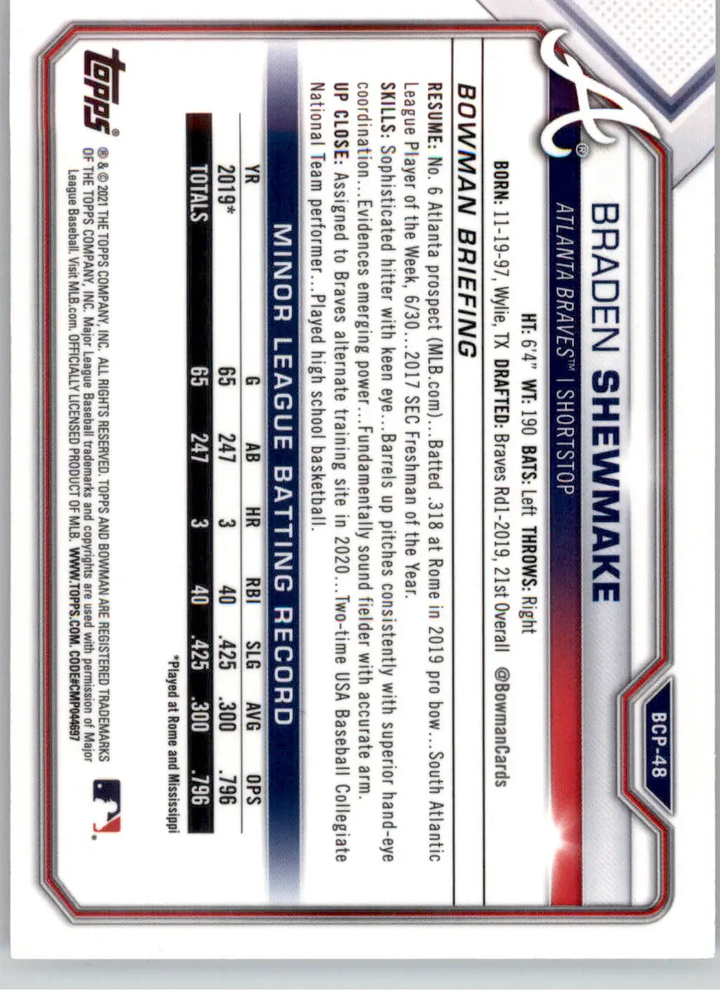 Braden Shewmake - 2021 Bowman - #BCP-48 - Chrome Prospects Mojo Refractor