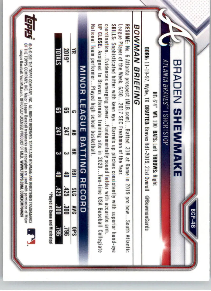 Braden Shewmake - 2021 Bowman - #BCP-48 - Chrome Prospects Mojo Refractor