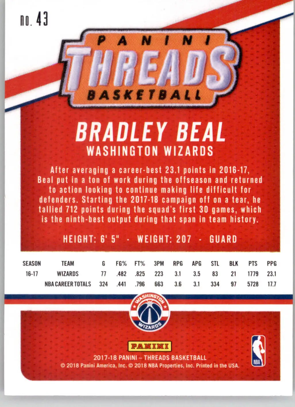 Bradley Beal - 2017-18 Panini Threads - #43 - Basketball