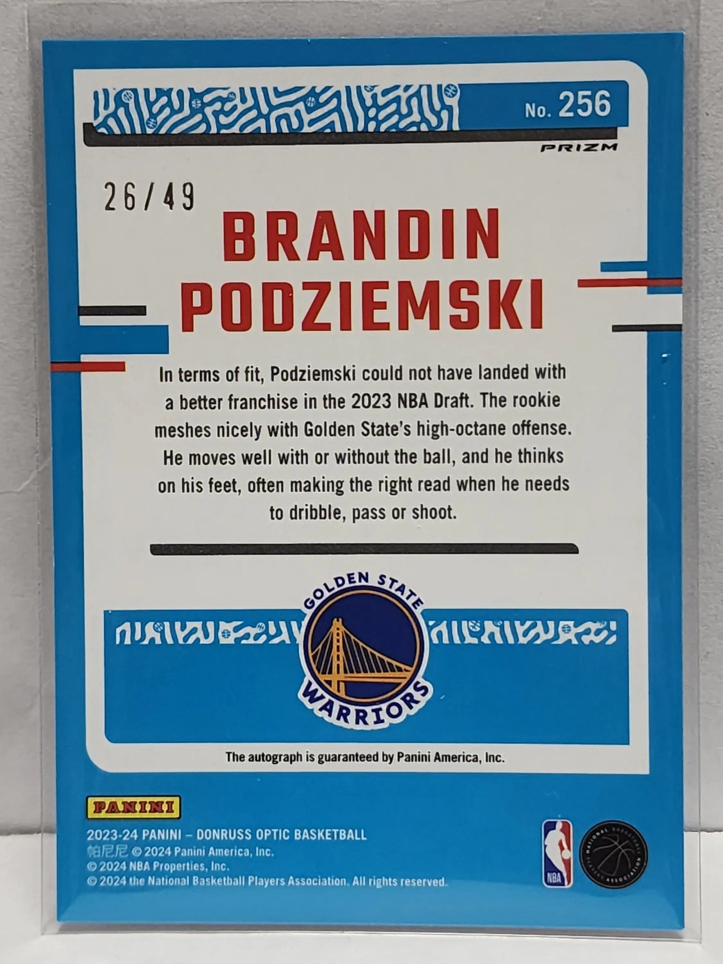 Brandin Podziemski 2023 Donruss Optic Blue Auto #26/49 - Basketball Card Single