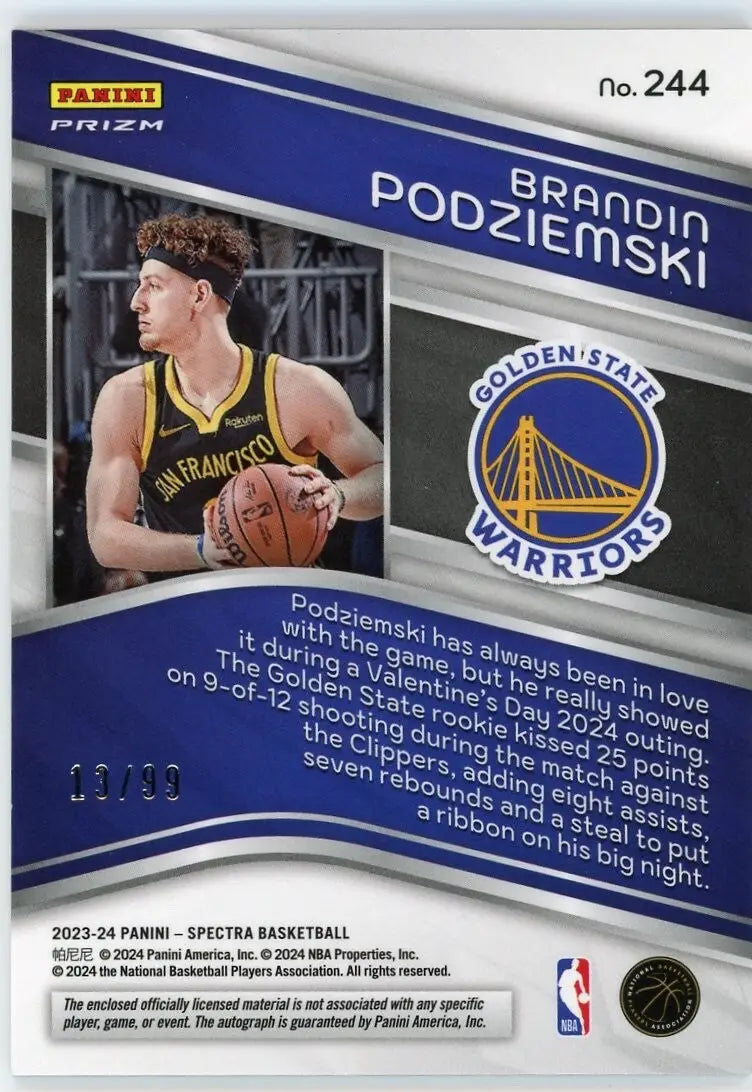 Brandin Podziemski Rookie 2023-24 Spectra Celestial /99 #244 Auto Jersey RPA NBA - Basketball Card Single