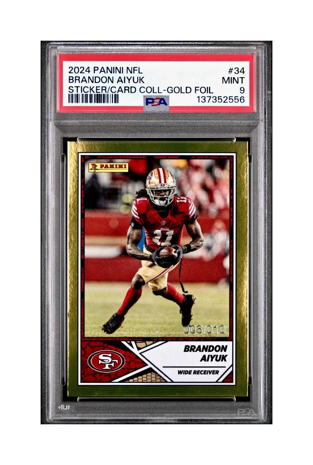 Brandon Aiyuk 2024 Panini Sticker Collection 006/010 #34 Gold Foil PSA 9 Mint - Football Card Single