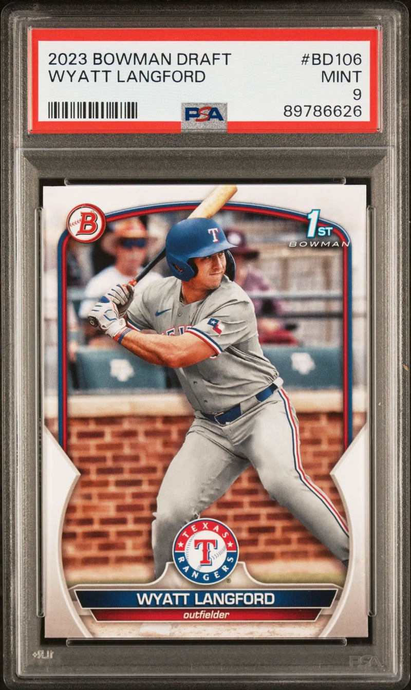 PSA-graded 2023 Bowman Draft Wyatt Langford baseball card with Panini Prizm Purple Ice design