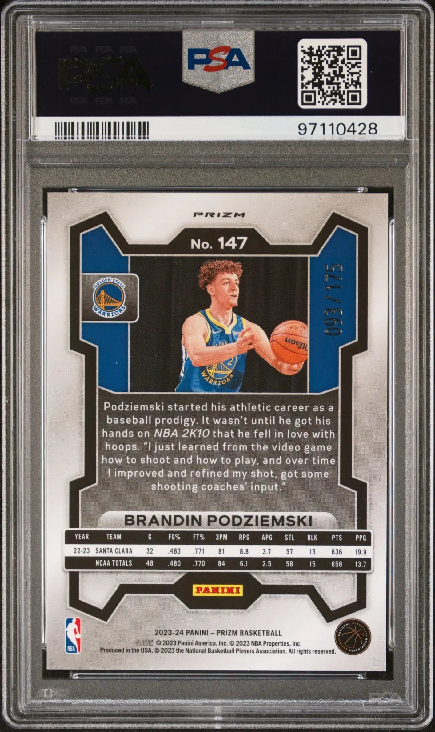 Brandon Podziemski 2023 Panini Prizm Rookie #147 White Prizm #93/175 PSA 10 Gem Mint120 - Basketball Card Single