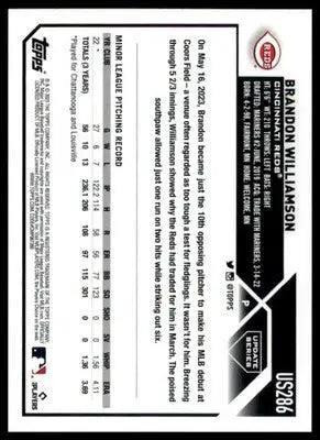 Brandon Williamson Rookie 2023 Topps Update #US286 Cincinnati Reds - Baseball Card Single