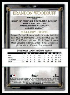 Brandon Woodruff 2021 Topps Gallery #194 Milwaukee Brewers - Baseball Card Single