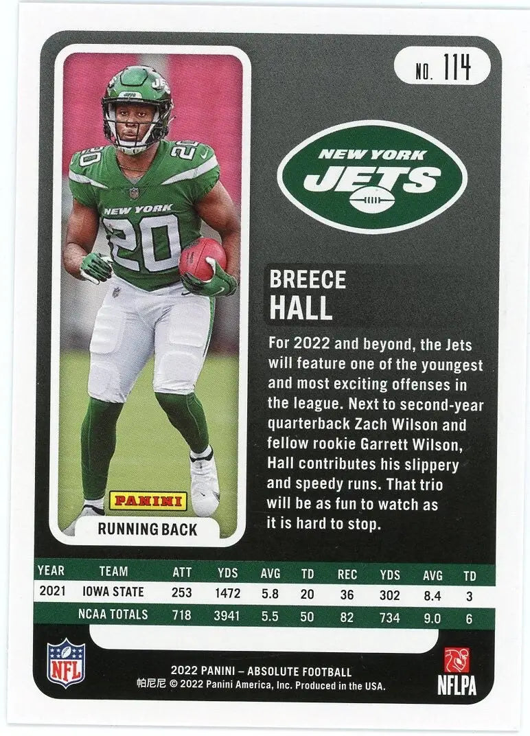 Breece Hall Rookie 2022 Panini Absolute #114 New York Jets Football Card NFL - Football Card Single