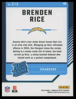 Brenden Rice Rookie 2024 Donruss Optic #213 Los Angeles Chargers