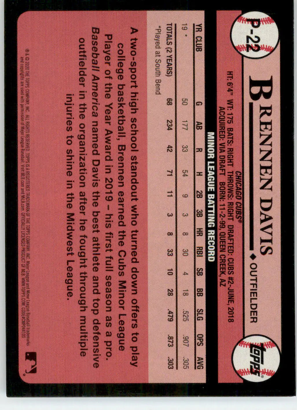 Brennen Davis - 2020 Topps Update - #P-22 - Prospects Baseball - Baseball Card Single