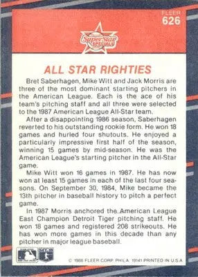 Bret Saberhagen / Mike Witt / Jack Morris - 1988 Fleer - #626 - Baseball - Baseball Card Single
