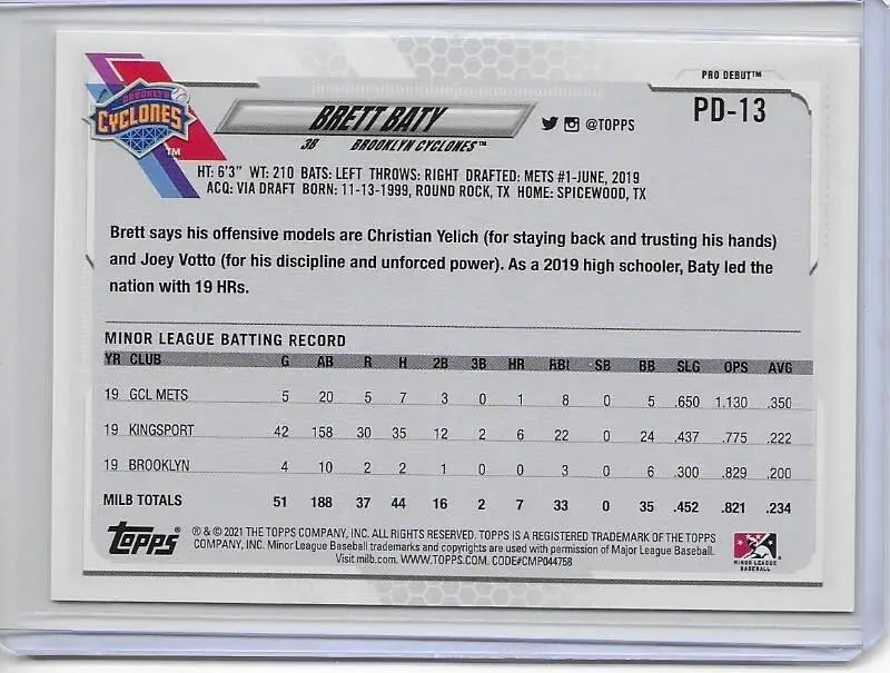 Brett Baty 2021 Topps Pro Debut #PD-13 Brooklyn Cyclones Mets (883) - Baseball Card Single
