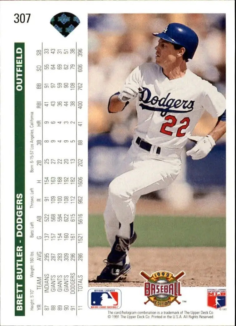 Brett Butler 1992 Upper Deck MLB #307 Baseball Card Los Angeles Dodgers - Baseball Card Single