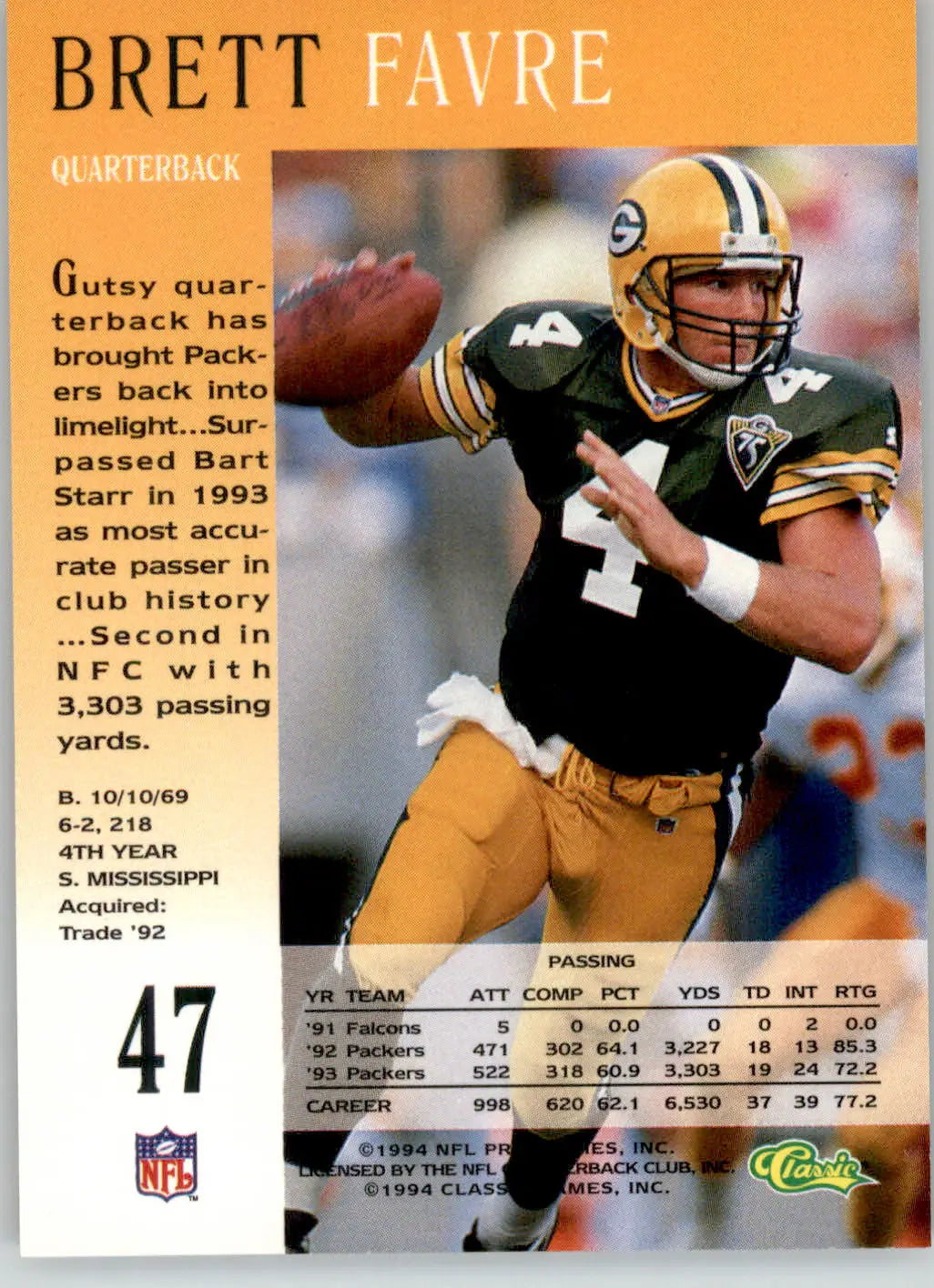 Brett Favre - 1994 Pro Line Live - #47 - Football - Football Card Single