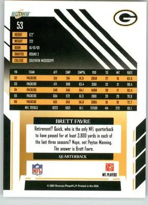 Brett Favre - 2007 Score - #53 - Football - Football Card Single