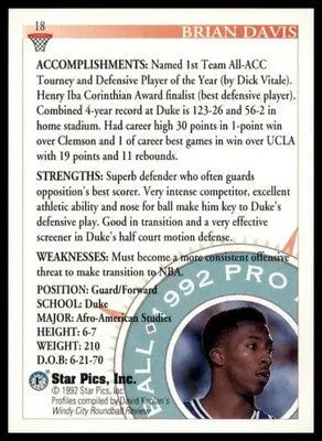Brian Davis 1992 Star Pics #18 Duke Blue Devils - Basketball Card Single