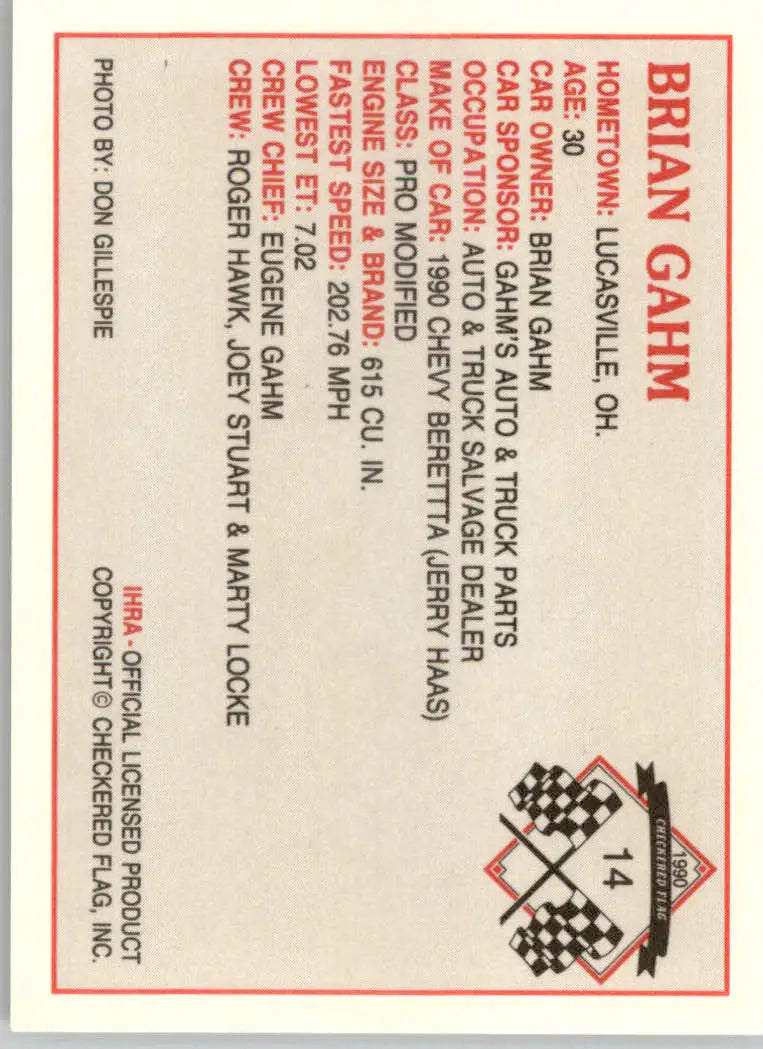Brian Gahm - 1990 Checkered Flag IHRA - #14 - Racing - Racing Card Single