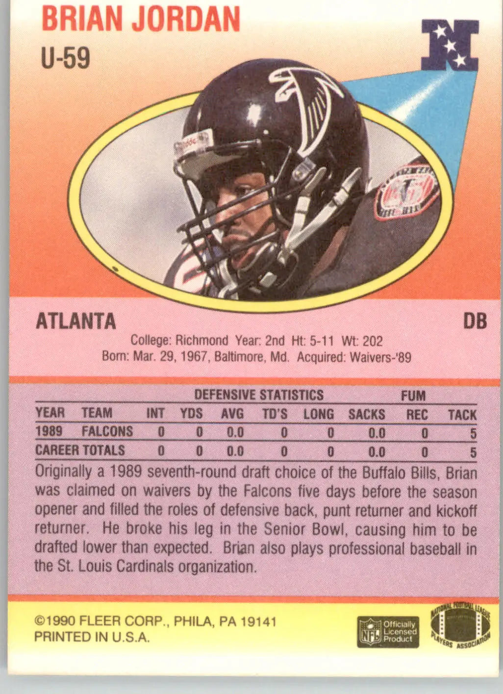 Brian Jordan - 1990 Fleer Update - #U-59 - RC Football