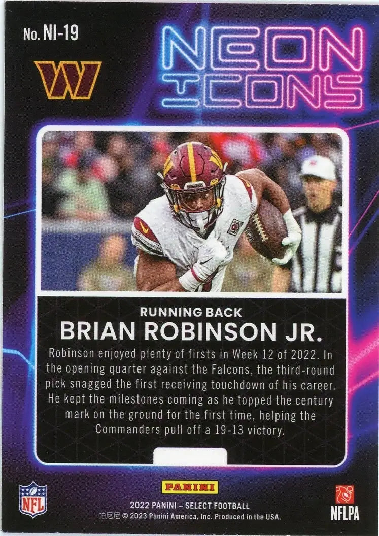 Brian Robinson Jr Rookie 2022 Panini Select Neon Icons #NI-19 Commanders Card - Football Card Single